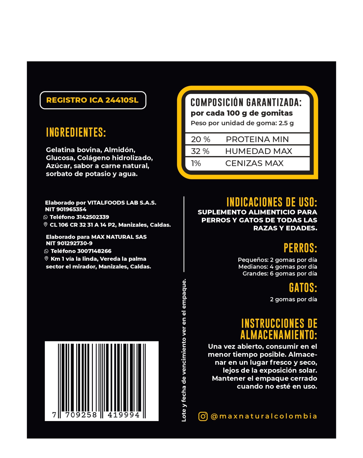 Ficha técnica Max Natural: ingredientes, composición garantizada, indicaciones de uso y registro ICA 24410SL